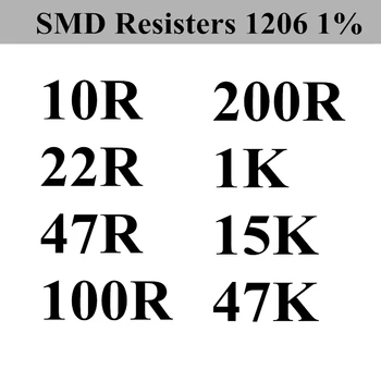 (500pcs/Vsak) SMD Resisters 1206 1% 10R 22R 47R 100R 200R 1K 15K 47K
