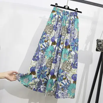 Dolgo Krilo Ženske za 2021 Pomlad Poletje Lady korejskem Slogu Cvjetnim Tiskanja Visoko Pasu Midi Krilo Ženske Vintage Modnih Oblačil