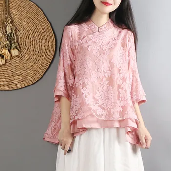 Kitajski retro slogu izboljšano cheongsam bombaž in lan bluzo žensk jeseni tri četrtletja rokav etnične slog majica Kitajski