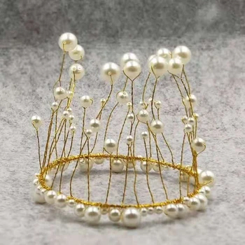 Kovinski Pearl Crown Princess Cake Pokrivalo Umetni Biseri Headdress Poročna Torta Dekoraterstvo Baby Tuš Rojstni Dan Pokrivalo Ročno