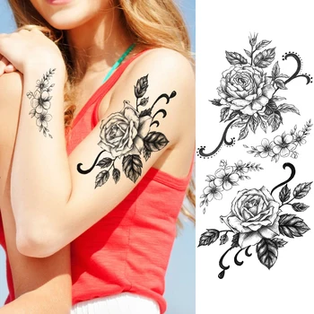 Moda Cvet Začasne Tetovaže Nalepke DIY Wome je Moda Body Art Tattoo, Za Ženske Dekle Ponaredek Black Geometrijske Rose Tattoo Nalepke