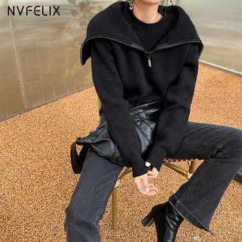 NVFelix Black Kratek Pulover Ženske 2020 Jeseni, Pozimi Nova Mama Korejski Slim Toplem Puloverju Ponaredek Dva Kosa Pulover Zadrgo River Vrh