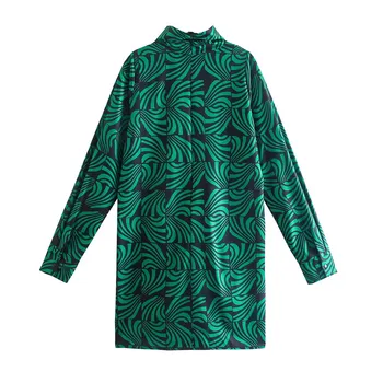 NWOMN Za Vintage Obleko Ženska Tiskanja Visoko Vratu Kratko Obleko Jeseni 2021 Dolgimi Rokavi, Zelene Obleke, Ženske Modni Mini Priložnostne Obleke