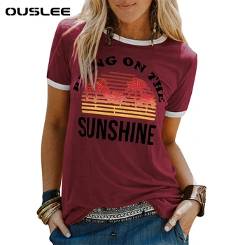 Ouslee Priložnostne Poletje Natisni T-shirt Za Ženske Priložnostne O-Vratu Kratek Rokav Sonce Črke Natisni Vrh Tees Ženska, Plus Velikost