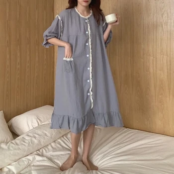 QWEEK Bombaž Sleepwear Ženske korejski Nightdress Jeseni Dolgo Obleko Nightgown Čipke Spavaćica Dolg Rokav More Ženski Loungwear