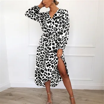 V Vratu Seksi Žensk Leopard Obleke 2020 Ženski Priložnostne Split Vestidos Outwear Ženska Jeseni Letnik Lady Dolgo Obleko Visoko Pasu
