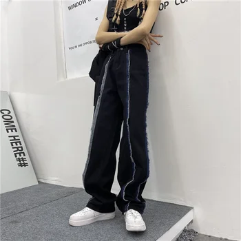 Črna Barva Moški Ženske Traper Hlače Harajuku Priložnostne Hlače Jeans Korejskem Slogu 2021 Ulične Oblačila Punk Hip Hop Oblačila