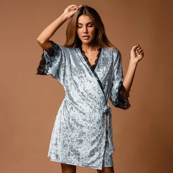 Ženske Žamet kopalni plašč Elegantno Sijajni Velur Čipke Sleepwear Jeseni, Pozimi Toplo Pižamo 2021 AW Nov Modni Lady Nightgown